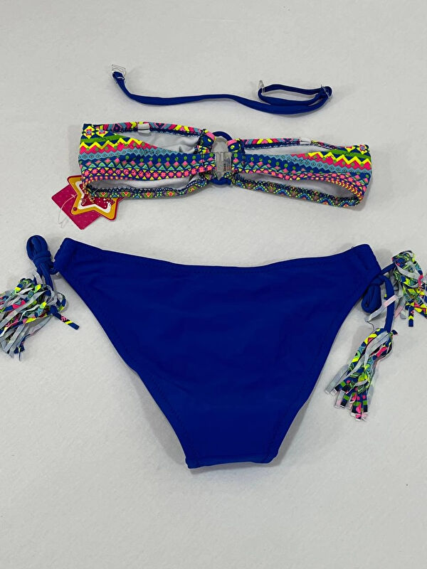 Hazelin Kız Çocuk Mavi Çok Renkli İp Detaylı Astarlı 4-12 Yaş Üçgen Bikini Takım HZL24S-LC1904