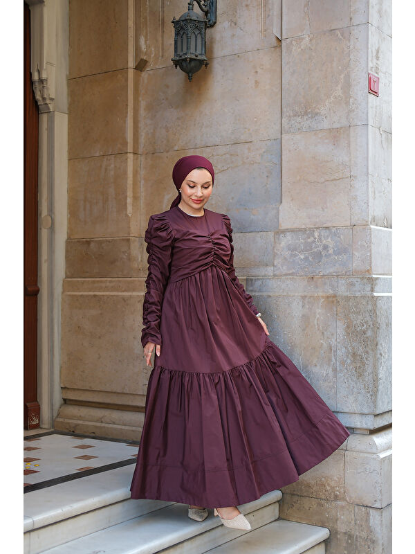 Locco Moda Kadın Büzgülü Poplin Elbise Bordo