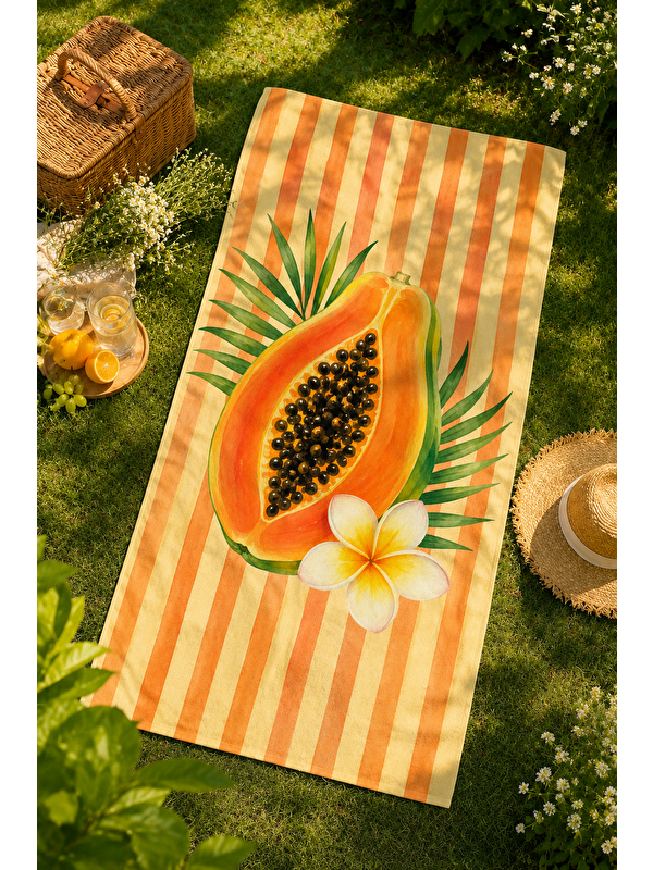 Milbay Grup Papaya ve Tropik Çiçek Desenli 70x150 Plaj Havlusu