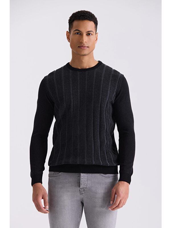 JAKAMEN Siyah / Antrasit Slim Fit Bisiklet Yaka Çizgi Desenli Triko Kazak