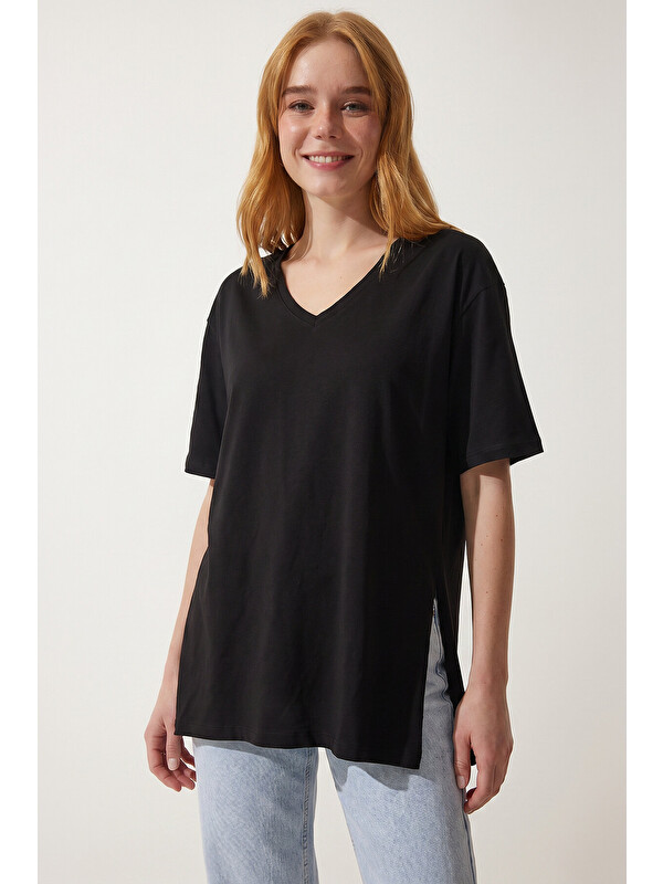 Happiness İstanbul V Yaka Yırtmaçlı Viskon T-shirt SİYAH LRN0039