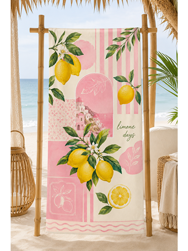Milbay Grup Limon ve Pembe Çiçek Desenli 70x150 Plaj Havlusu