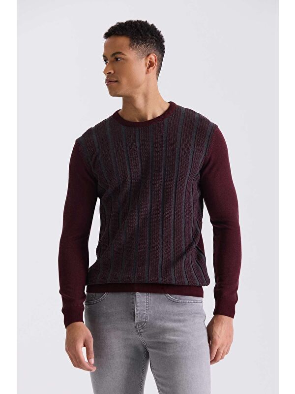 JAKAMEN Bordo Slim Fit Bisiklet Yaka Çizgi Desenli Triko Kazak
