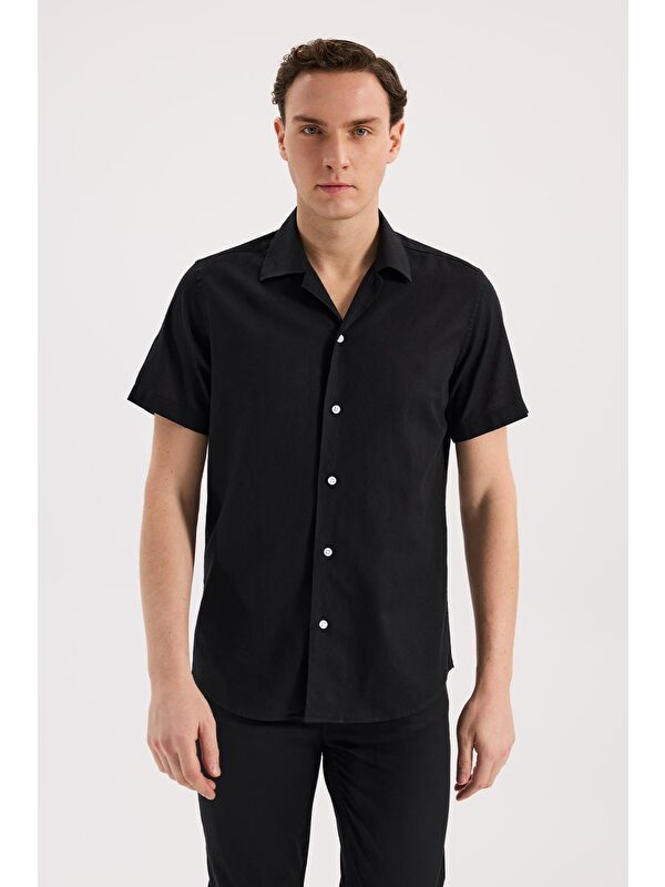 JAKAMEN Siyah Comfort Fit Klasik Yaka Kısa Kol Gömlek