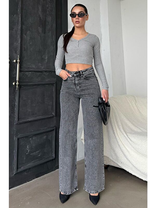 Madmext Siyah Yüksek Bel Paçası Yırtmaçlı Kadın Jean Mg1384