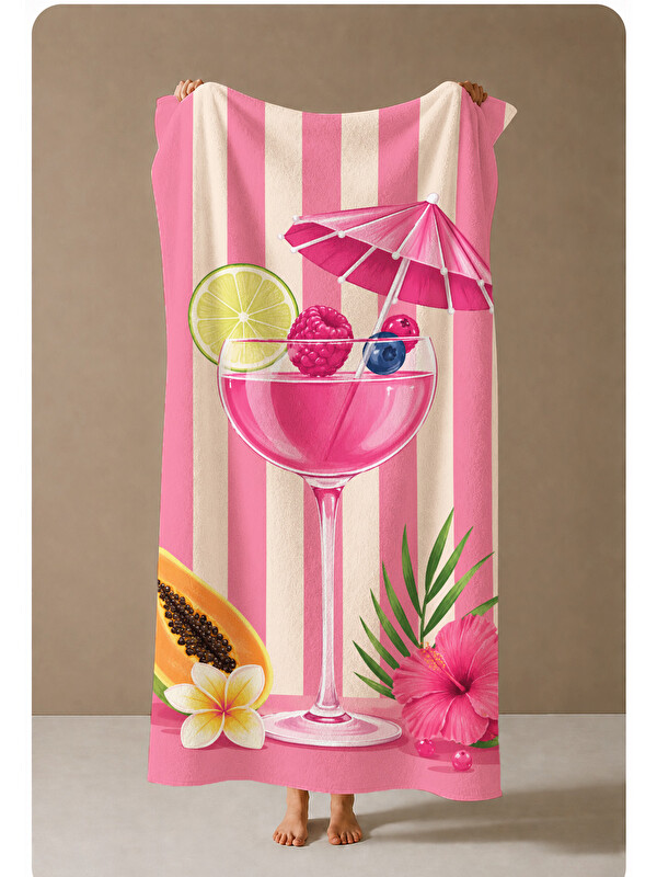 Milbay Grup Pembe Tropik İçecek ve Şemsiye Desenli 70x150 Plaj Havlusu
