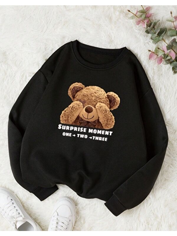 carla10 Kadın Siyah Ayıcık Baskılı Oversize Sweatshirt