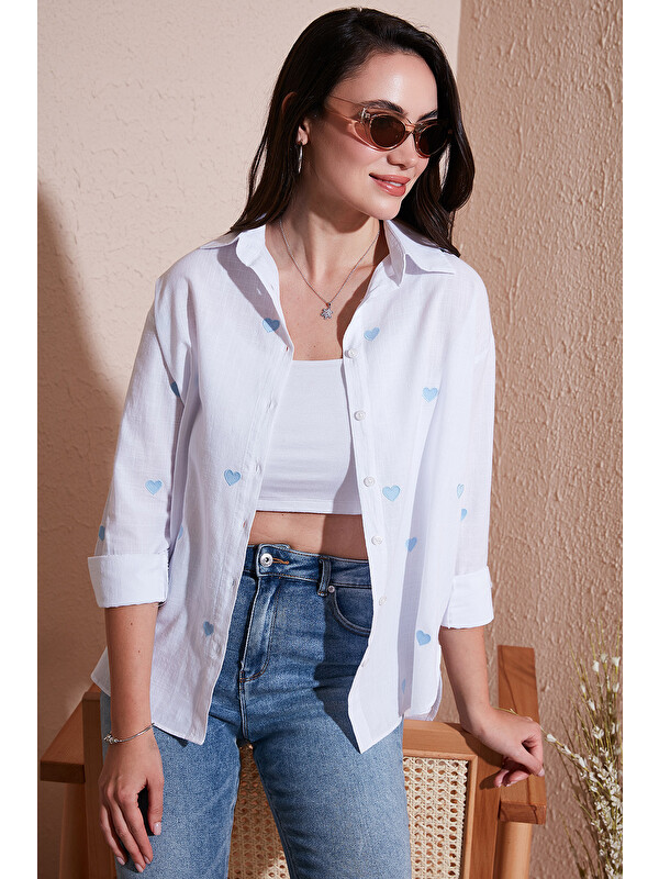 Lela Pamuk ve Keten Karışımlı Regular Fit Kalp Baskılı Gömlek 6779932