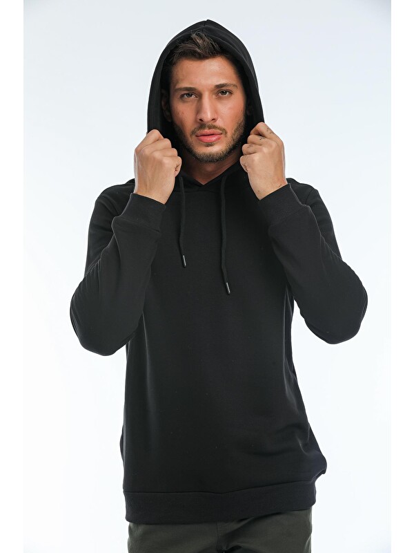 Blah. Kapüşonlu Basic Geniş Kesim Erkek İçi Polarlı Sweatshirt