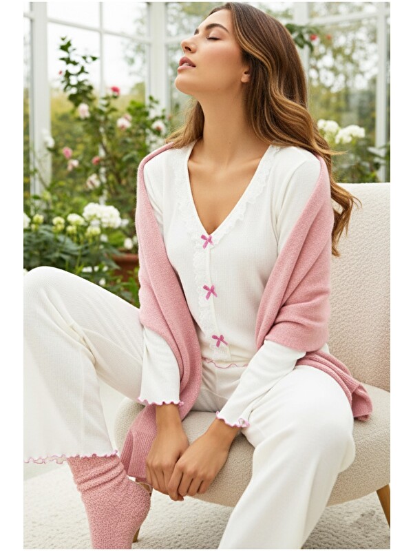 Siyah İnci Fitilli Pamuklu Kaşkorse Dantelli Fiyonklu Örme Pijama Takım 7945