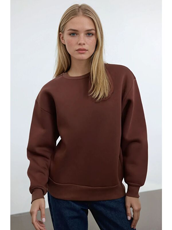 carla10 Basic Kahverengi Oversize Sweatshirt