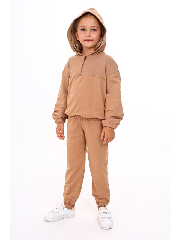 Toontoykids Kız Çocuk 2'li Takım Kapüşonlu Fermuarlı Sweatshirt & Beli Paçası Lastikli Cepli Jogger Eşofman Altı
