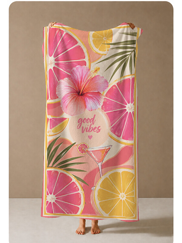 Milbay Grup Pembe Greyfurt ve Hibiskus Desenli 70x150 Plaj Havlusu
