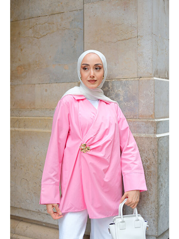 Locco Moda Kadın Broş Detay Poplin Gömlek Pembe