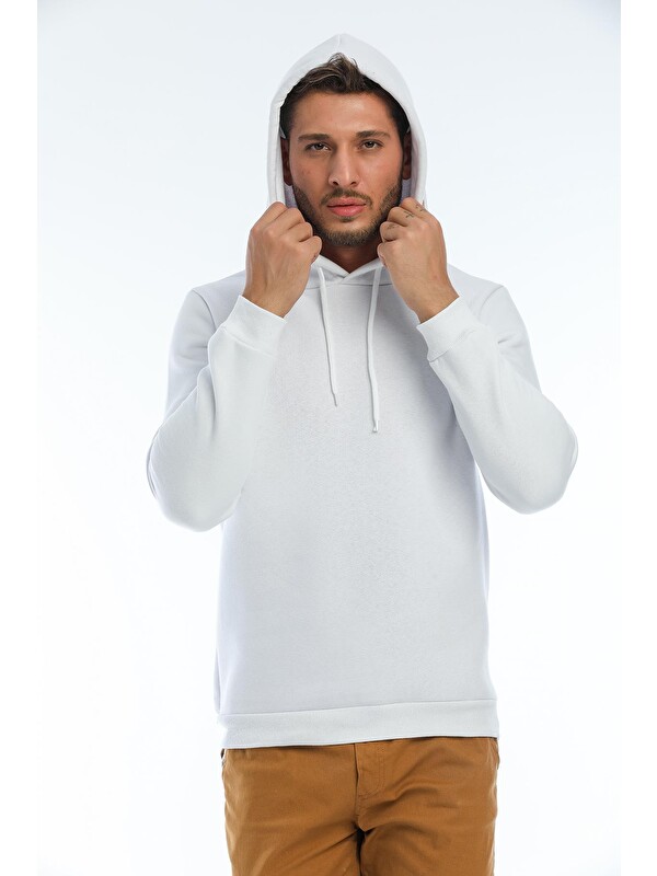 Blah. Kapüşonlu Basic Geniş Kesim Erkek İçi Polarlı Sweatshirt