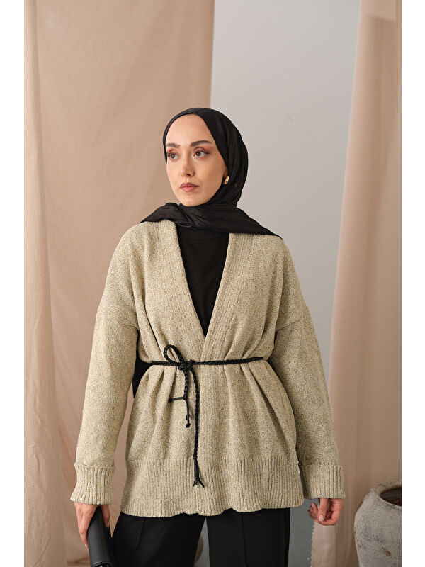 Locco Moda Kadın Örgü Detay Bel Bağlamalı Hırka Krem