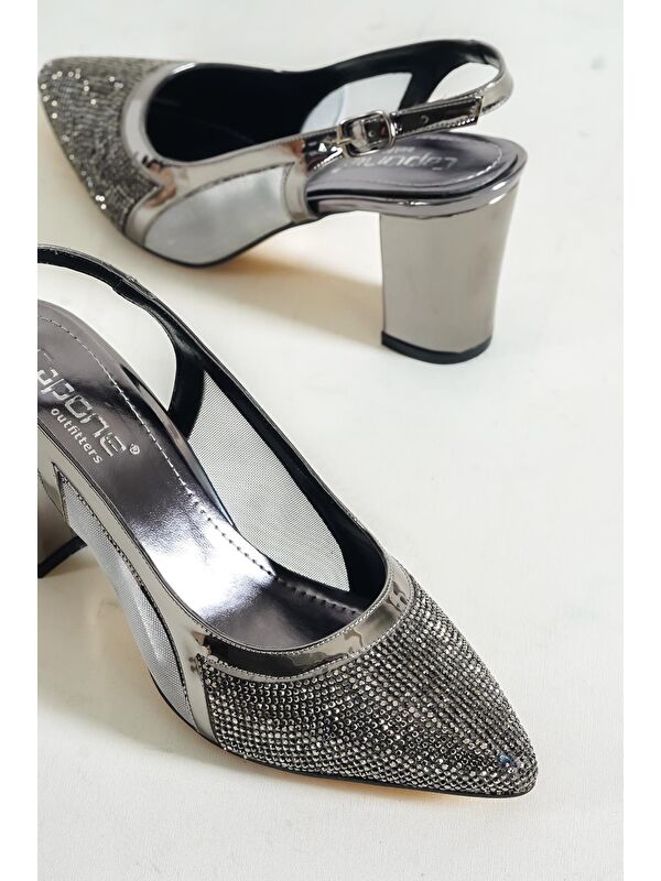 750 Kadın Topuklu Taşlı Fileli Arkası Açık Ayakkabı - Görsel 2