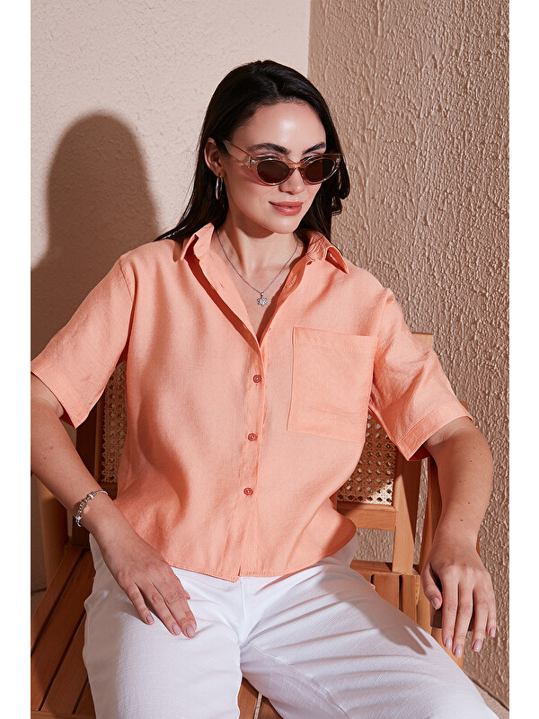 Lela Regular Fit Göğüs Cepli Kısa Kollu Kadın Gömlek 6779324