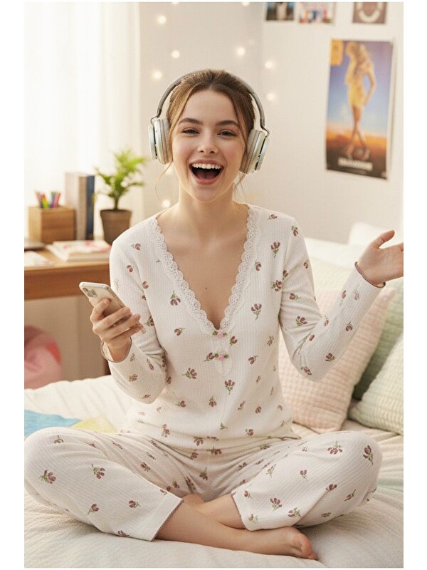 Siyah İnci Dantelli Bürümcük-Krınkıl Uzun Kollu Pijama Takım