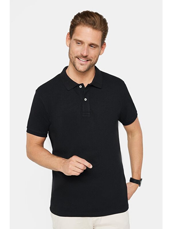 TUDORS Erkek 3'Lü Paket Siyah Slim Fit Dar Kesim Pamuklu Düz Pike Polo Yaka Büyük Beden Tişört
