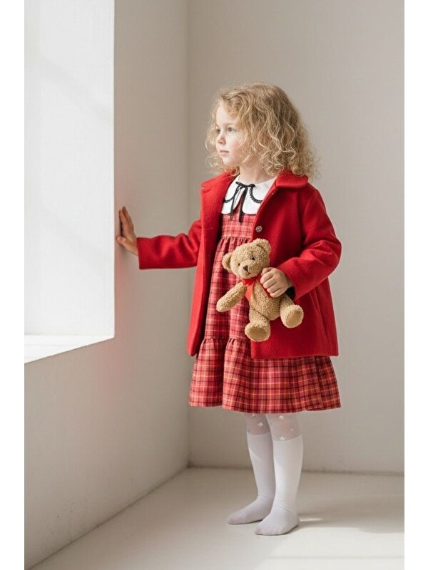 Mnk Baby & Kids Kaşe Ceketli Kız Çocuk Ekose Kumaş Nakış Yaka Elbise M00796
