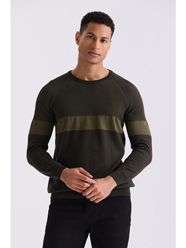JAKAMEN Haki Slim Fit Bisiklet Yaka Çizgi Desenli Triko Kazak