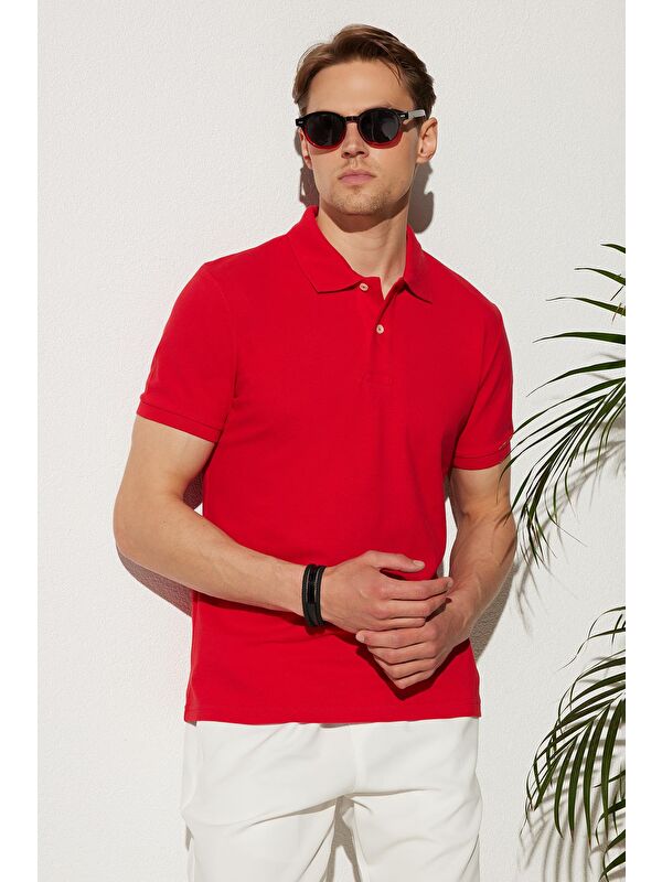 TUDORS Erkek Slim Fit Dar Kesim %100 Pamuk Kırmızı Polo Yaka Tişört
