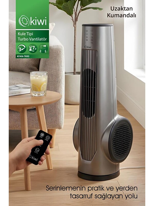 Kiwi KFAN-7693 Kule Tipi Vantilatör | LCD Ekran & 75 cm & 3 Kademe & Kumandalı & 7.5 Saat Zamanlayıc