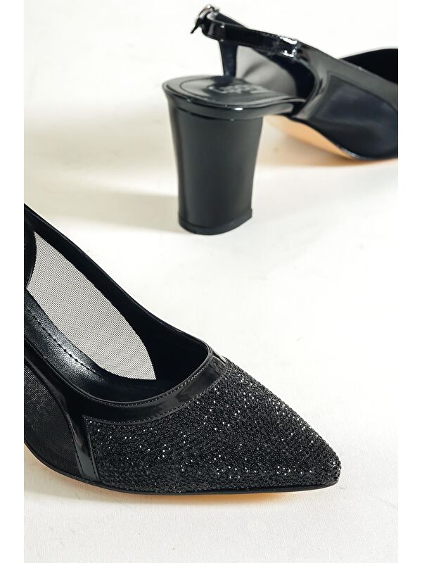 750 Kadın Topuklu Taşlı Fileli Arkası Açık Ayakkabı - Görsel 2