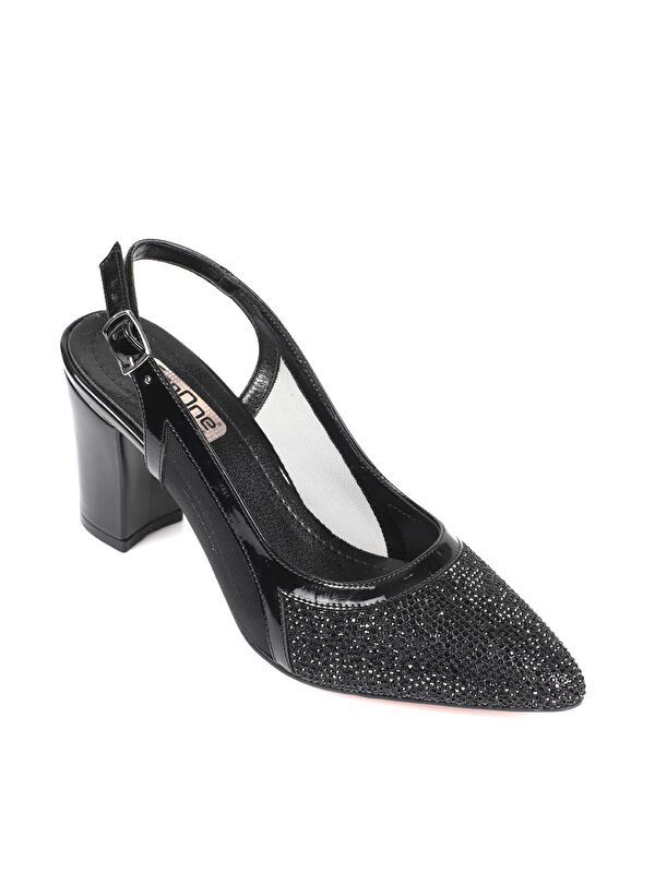 750 Kadın Topuklu Taşlı Fileli Arkası Açık Ayakkabı - Görsel 3