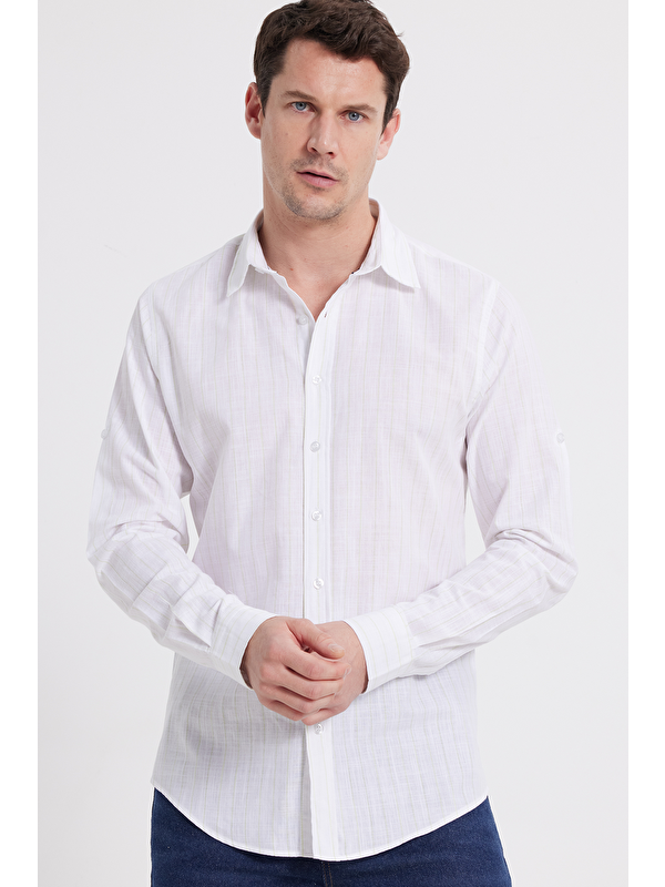 TUDORS Erkek Slim Fit Dar Kesim Uzun Kollu %100 Pamuk Keten Doku Çizgili Gömlek
