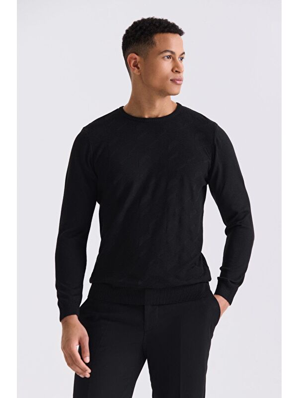 JAKAMEN Siyah Slim Fit Bisiklet Yaka Desenli Triko Kazak