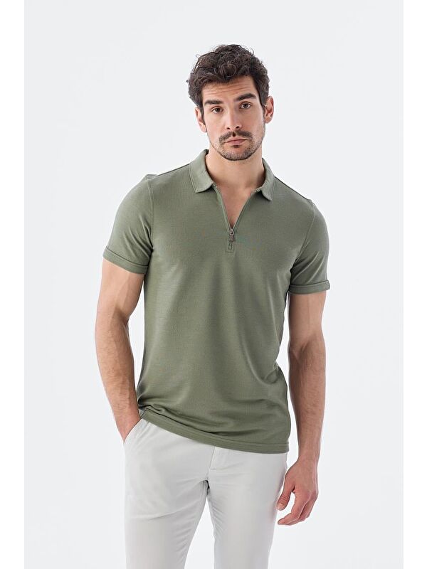 JAKAMEN Küf Yeşili Fermuarlı Slim Fit Polo Yaka T-Shirt