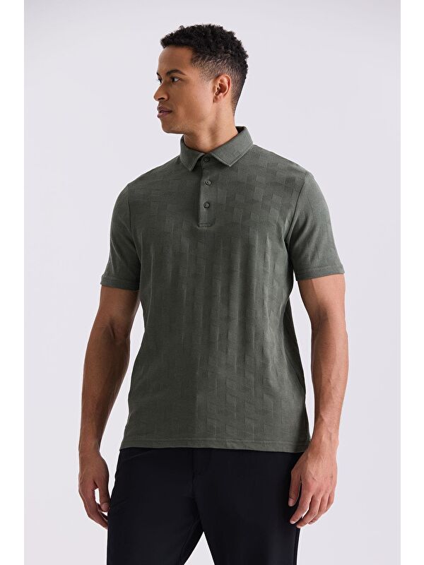 JAKAMEN Haki Slim Fit Desenli Polo Yaka T-Shirt