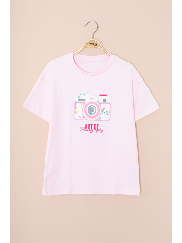 Cansın Mini Pembe Sırtı Yazılı Fotoğraf Baskılı Kız Çocuk Bisiklet Yaka Tişört 20979