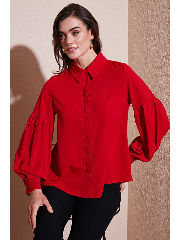 Lela Regular Fit Dikiş Detaylı Düz Yaka Balon Kol Kadın Gömlek 611GO00003