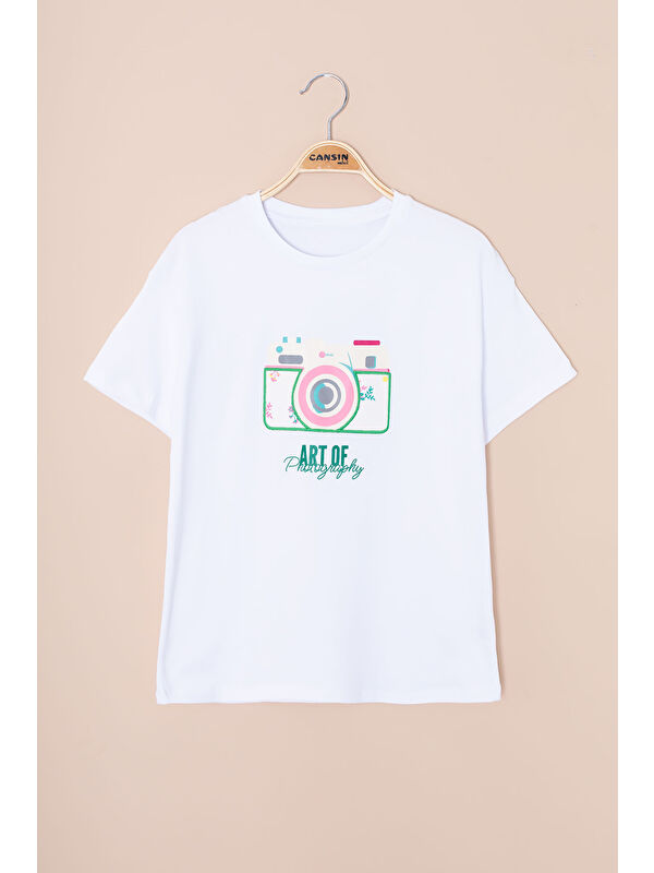 Cansın Mini Ekru Sırtı Yazılı Fotoğraf Baskılı Kız Çocuk Bisiklet Yaka Tişört 20980