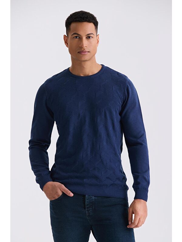 JAKAMEN İndigo Slim Fit Bisiklet Yaka Desenli Triko Kazak