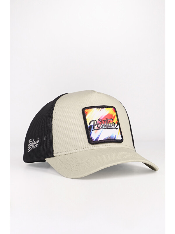 BlackBörk Be Positive Logolu Bej-Siyah Trucker Şapka