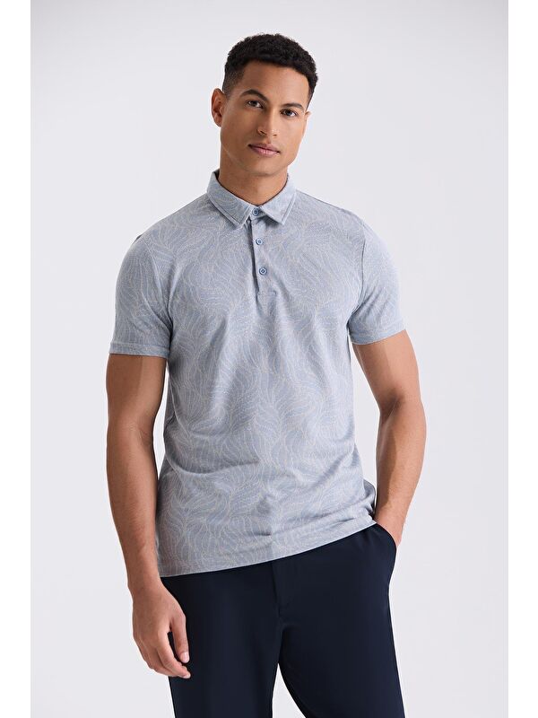 JAKAMEN Mavi Slim Fit Desenli Gömlek Yaka T-Shirt