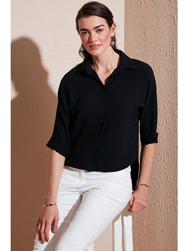 Lela Oversize Fit Önü Kısa Arkası Uzun Truvakar Kol Kadın Gömlek 5866116
