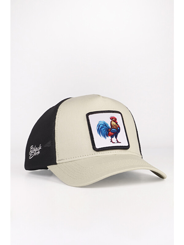 BlackBörk Horoz Logolu Bej-Siyah Trucker Şapka