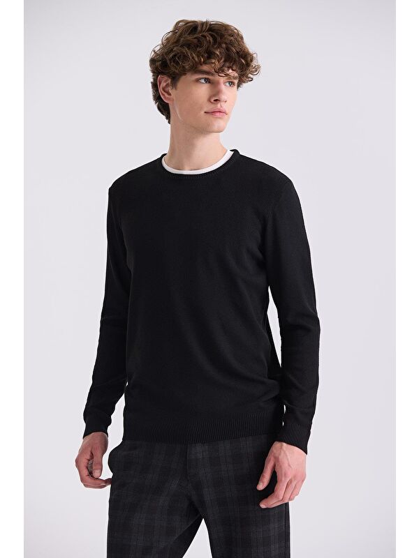 JAKAMEN Siyah Slim Fit Bisiklet Yaka Desenli Triko Kazak