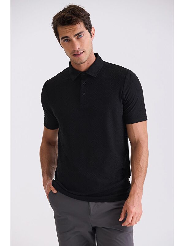JAKAMEN Siyah Slim Fit Desenli Polo Yaka T-Shirt