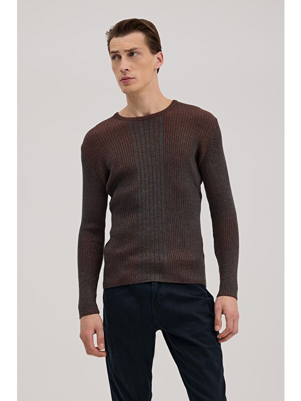JAKAMEN Antrasit Tarçın Slim Fit Desenli Bisiklet Yaka Triko