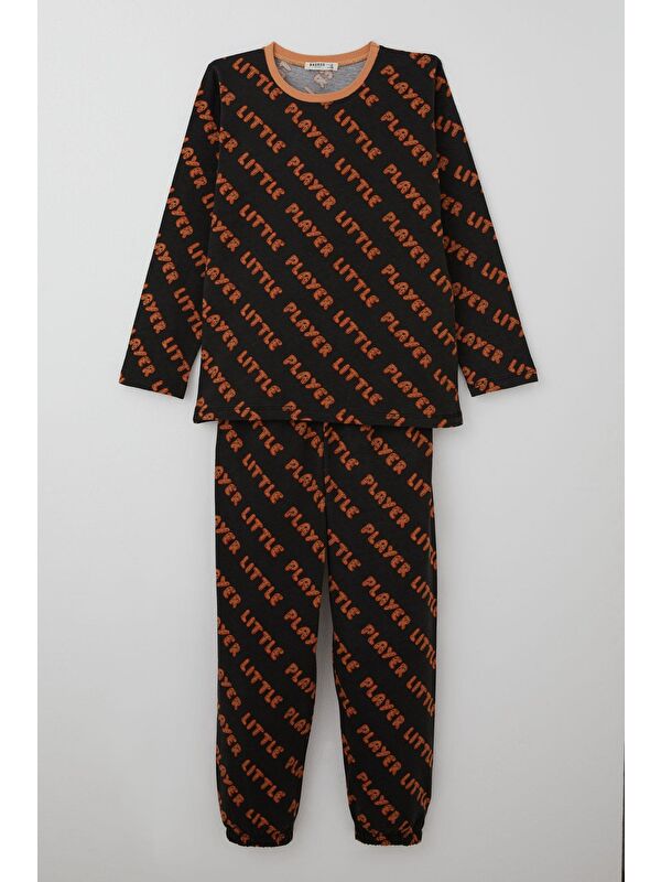 Breeze Erkek Çocuk Pijama Takımı Oyun Zamanı Küçük Oyuncu Yazılı Koyu Kahve (9-12 Yaş)