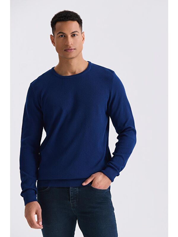JAKAMEN İndigo Slim Fit Bisiklet Yaka Desenli Triko Kazak