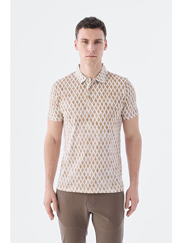 JAKAMEN Bej Slim Fit Desenli Polo Yaka T-Shirt