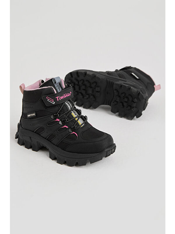 TONNY BLACK Çocuk Unisex Siyah Pudra Kalın Kauçuk Taban Lastik Bağcıklı Cırtlı Outdoor Trekking Bot