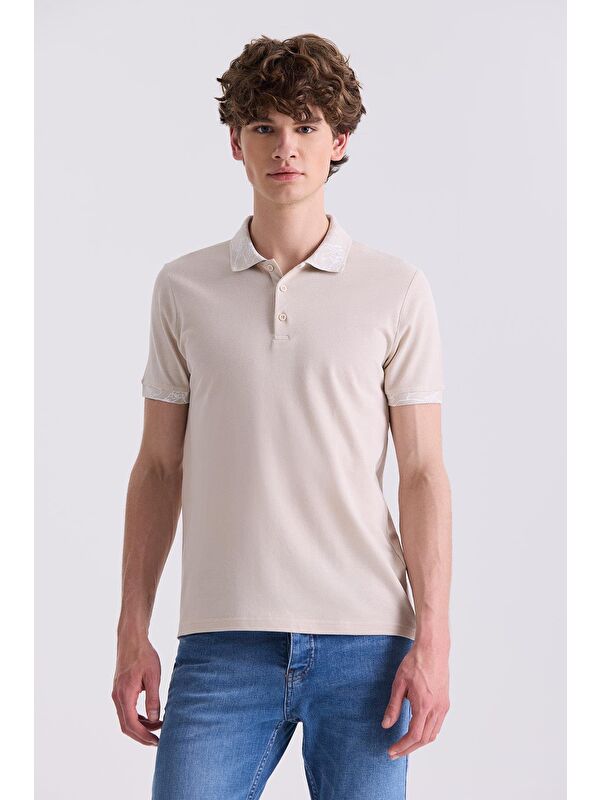 JAKAMEN Bej Slim Fit Baskılı Polo Yaka T-Shirt